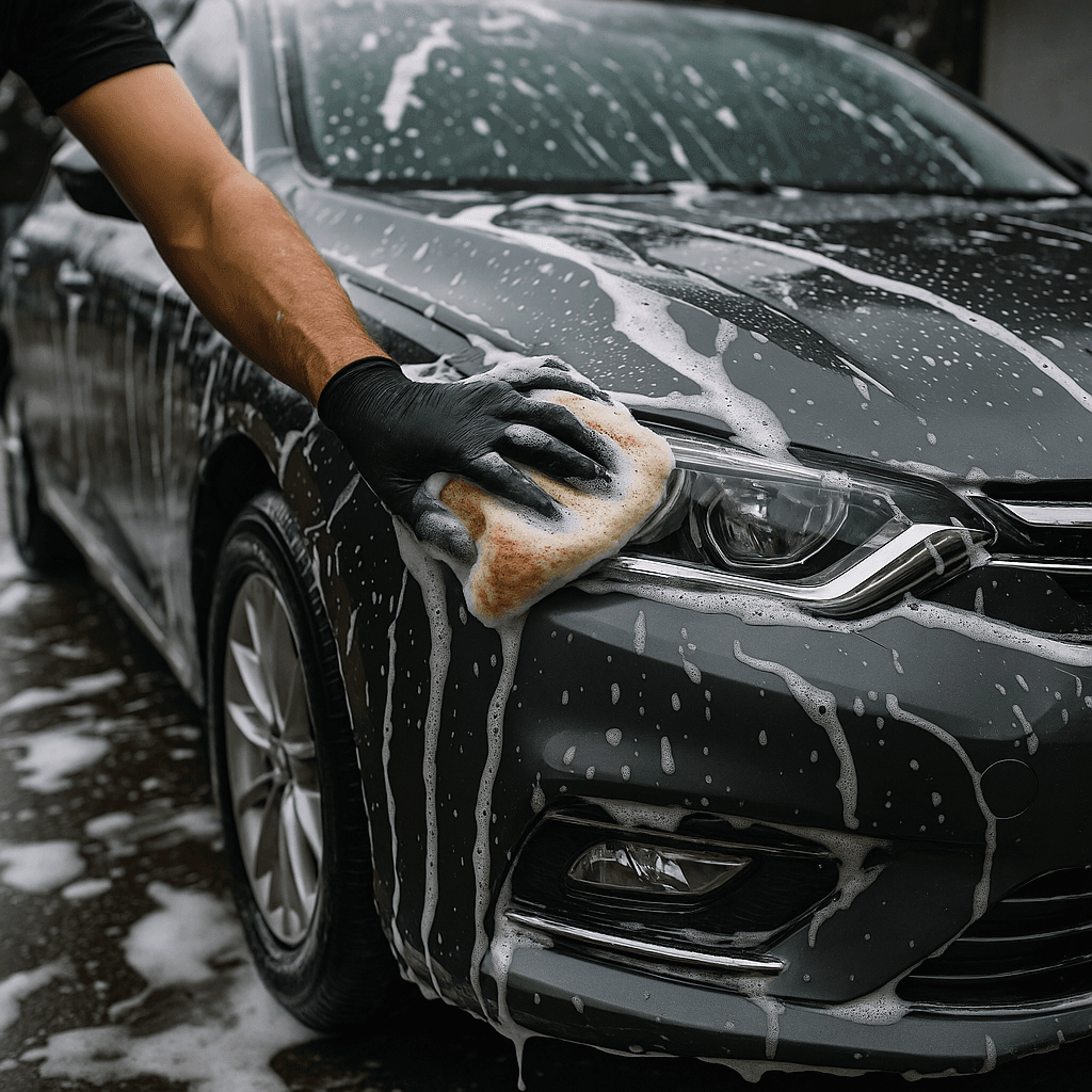 Hand washing a car with foam
