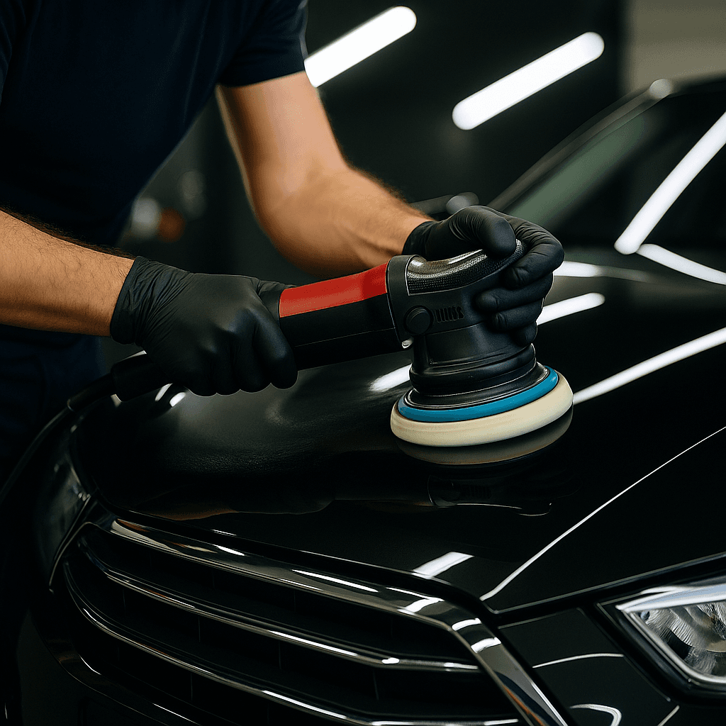 Machine polishing and waxing car paintwork